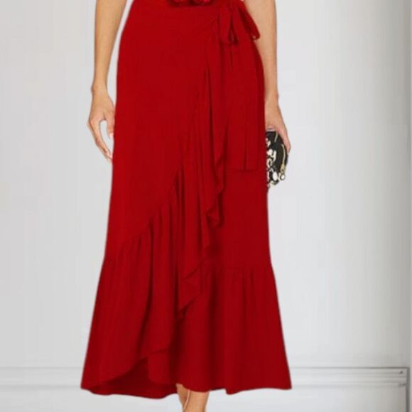 New Elegant Red Ruffle Wrap Cover Up Skirt - Picture 6 of 11